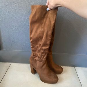 Lulu’s Layyney Toffee Brown Suede Platform Knee High Boots | Size 10
